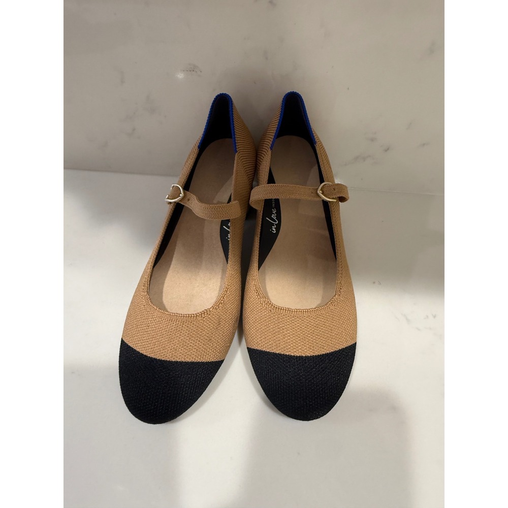 Vivaia Margot Mary Jane Tan Black Colorblock Knit Block Heels Size 6